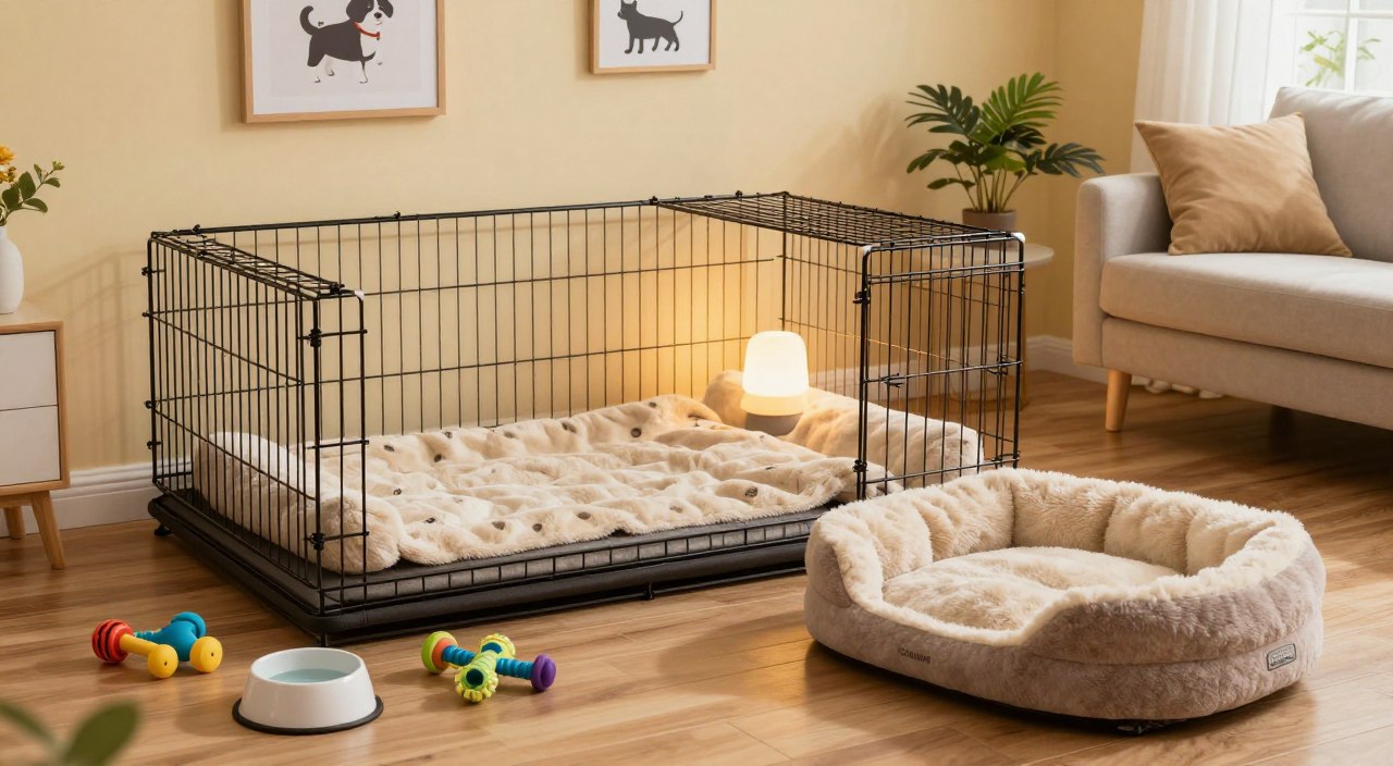 A cozy and inviting new puppy safe space, designed for comfort and security. In the foreground, a soft, plush dog bed sits on a warm, wooden floor, surrounded by colorful chew toys and a water bowl. The middle layer features a stylish, partially open crate with a blanket inside, arranged near a gentle nightlight emitting a soft glow. In the background, a living room setting with bright, pastel-colored walls, framed pet-friendly artwork, and a potted plant adds warmth to the environment. The lighting is soft and warm, creating a calm and welcoming atmosphere. Capture this scene using a wide-angle lens from a slightly elevated perspective, ensuring the cozy, nurturing feel is highlighted. Include the brand "Animal Viking" subtly within the design. A cozy and inviting new puppy safe space, designed for comfort and security. In the foreground, a soft, plush dog bed sits on a warm, wooden floor, surrounded by colorful chew toys and a water bowl. The middle layer features a stylish, partially open crate with a blanket inside, arranged near a gentle nightlight emitting a soft glow. In the background, a living room setting with bright, pastel-colored walls, framed pet-friendly artwork, and a potted plant adds warmth to the environment. The lighting is soft and warm, creating a calm and welcoming atmosphere. Capture this scene using a wide-angle lens from a slightly elevated perspective, ensuring the cozy, nurturing feel is highlighted. Include the brand "Animal Viking" subtly within the design.