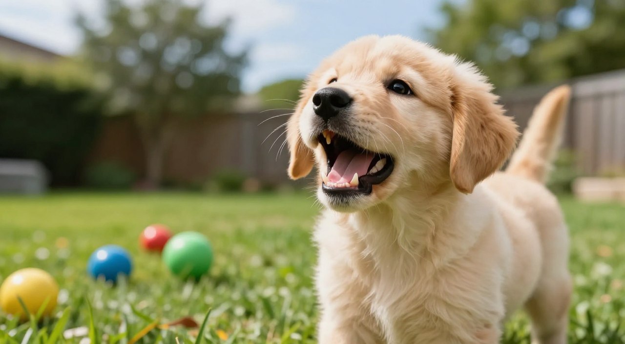 A playful puppy with fluffy fur, showing its small teeth while playfully growling, sits in a vibrant green backyard. The puppy, a golden retriever mix, is in the foreground, its expressive eyes reflecting a mix of excitement and energy. In the middle ground, a few colorful toys are scattered, hinting at a playful scenario. The background features soft-focus trees and a blue sky, creating an inviting atmosphere. The lighting is bright and cheerful, suggesting a sunny day. Capture this moment at a slightly low angle to emphasize the puppy's playful demeanor, creating an engaging and lively scene that illustrates joyful interaction. The mood is fun and spirited, showcasing the natural behavior of a playful pup. A playful puppy with fluffy fur, showing its small teeth while playfully growling, sits in a vibrant green backyard. The puppy, a golden retriever mix, is in the foreground, its expressive eyes reflecting a mix of excitement and energy. In the middle ground, a few colorful toys are scattered, hinting at a playful scenario. The background features soft-focus trees and a blue sky, creating an inviting atmosphere. The lighting is bright and cheerful, suggesting a sunny day. Capture this moment at a slightly low angle to emphasize the puppy's playful demeanor, creating an engaging and lively scene that illustrates joyful interaction. The mood is fun and spirited, showcasing the natural behavior of a playful pup.