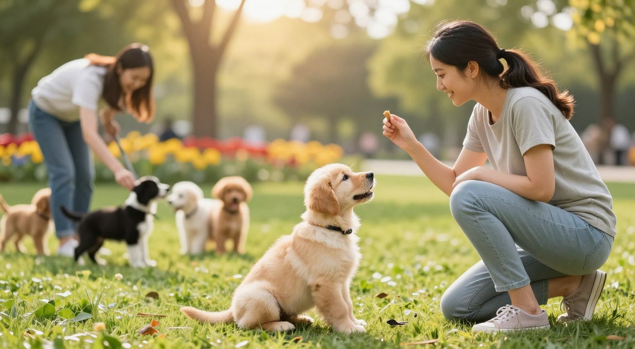 A warm and inviting scene of a puppy obedience training session in a sunny park. In the foreground, a golden retriever puppy, sitting attentively, gazes up at an encouraging trainer, a woman dressed in modest casual attire. The trainer holds a treat in her hand, smiling warmly, showcasing a positive interaction. In the middle ground, other puppies of various breeds are engaged in training exercises with their owners, illustrating diversity in socialization. The background features lush green grass, colorful flowers, and a few trees gently swaying in the breeze, enhancing the cheerful atmosphere. Soft sunlight filters through the leaves, creating a warm glow that adds to the uplifting mood, emphasizing the importance of socialization in puppy training. A warm and inviting scene of a puppy obedience training session in a sunny park. In the foreground, a golden retriever puppy, sitting attentively, gazes up at an encouraging trainer, a woman dressed in modest casual attire. The trainer holds a treat in her hand, smiling warmly, showcasing a positive interaction. In the middle ground, other puppies of various breeds are engaged in training exercises with their owners, illustrating diversity in socialization. The background features lush green grass, colorful flowers, and a few trees gently swaying in the breeze, enhancing the cheerful atmosphere. Soft sunlight filters through the leaves, creating a warm glow that adds to the uplifting mood, emphasizing the importance of socialization in puppy training.