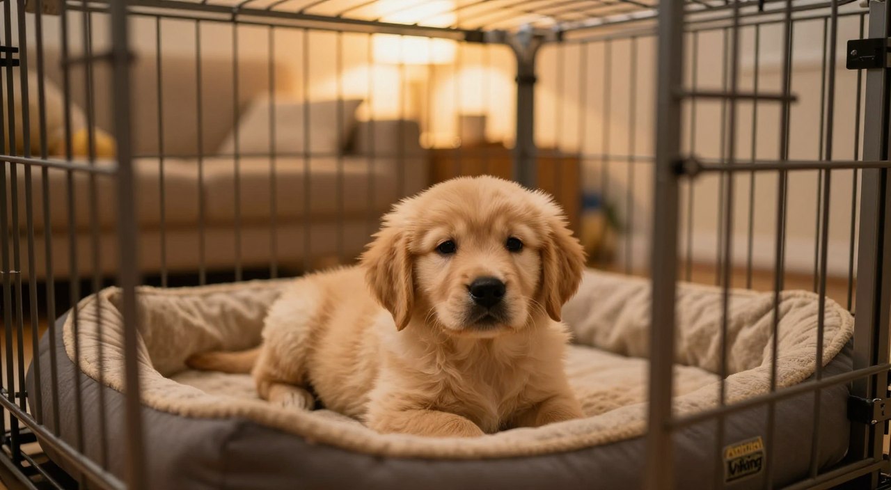 A cozy living room scene depicting the essential steps for crate training a puppy on its first night. In the foreground, a well-behaved Golden Retriever puppy is resting inside a spacious, comfortable crate lined with soft blankets and a couple of chew toys. The middle ground features a gently illuminated space with a warm, inviting atmosphere created by soft lighting from a nearby lamp. A caring adult, dressed in casual clothing, is kneeling beside the crate, gently encouraging the puppy with a calm demeanor. In the background, a few dog training tools are neatly arranged on a small table, and a motivational dog training poster is subtly visible on the wall. The overall mood conveys warmth, safety, and nurturing guidance. Animal Viking branding is subtly incorporated into the scene without being textually prominent. crate training puppy first night